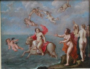 Cornelius van Poellenburg Utrecht 1594 1667 Il ratto di Europa Olio su rame cm.20 x 15 cornice antica intagliata e dorata